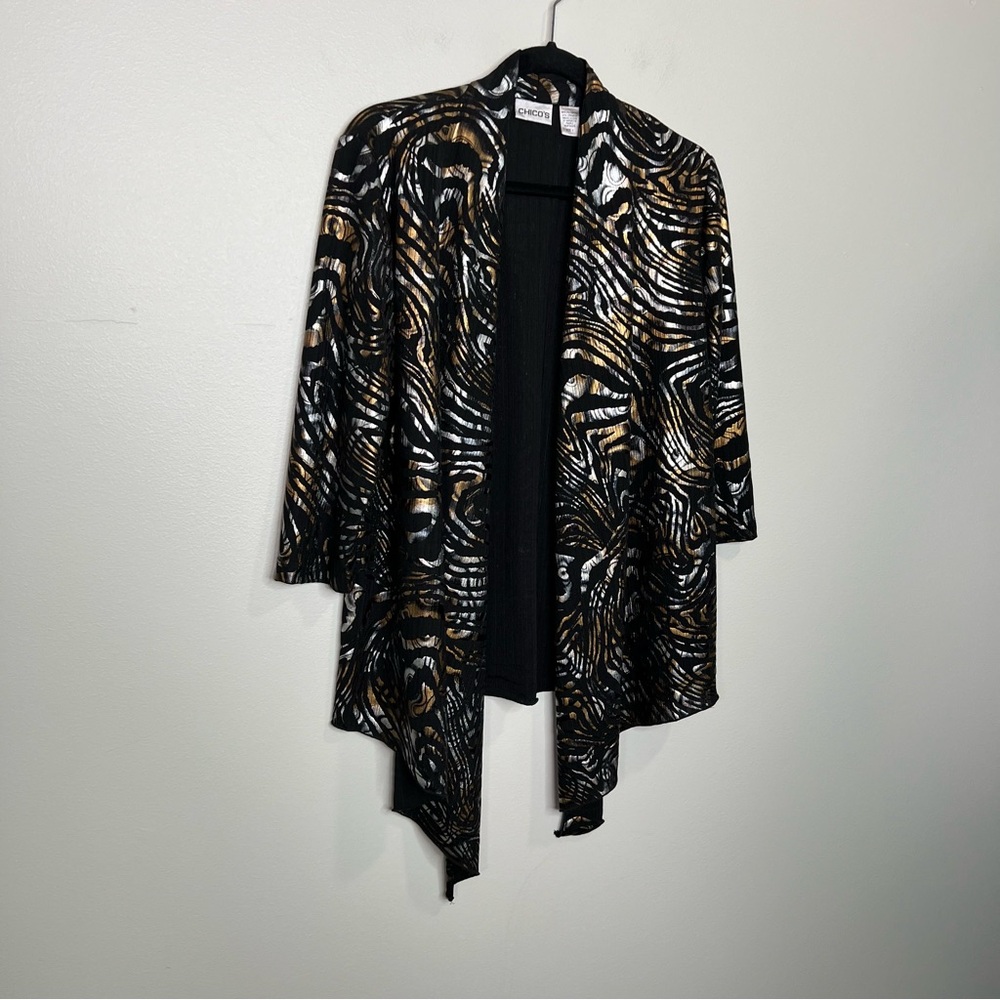 CHICO'S Glam Metallic Gold Silver and Black Open Front Cardigan Layer size 1 - Picture 4 of 10